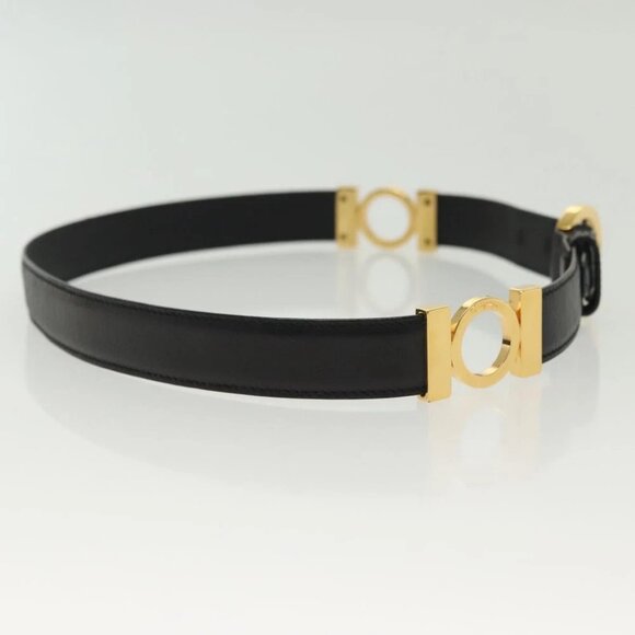 Salvatore Ferragamo Belt Leather 30.3"" Gold Black Auth sw1434 - Picture 3 of 9